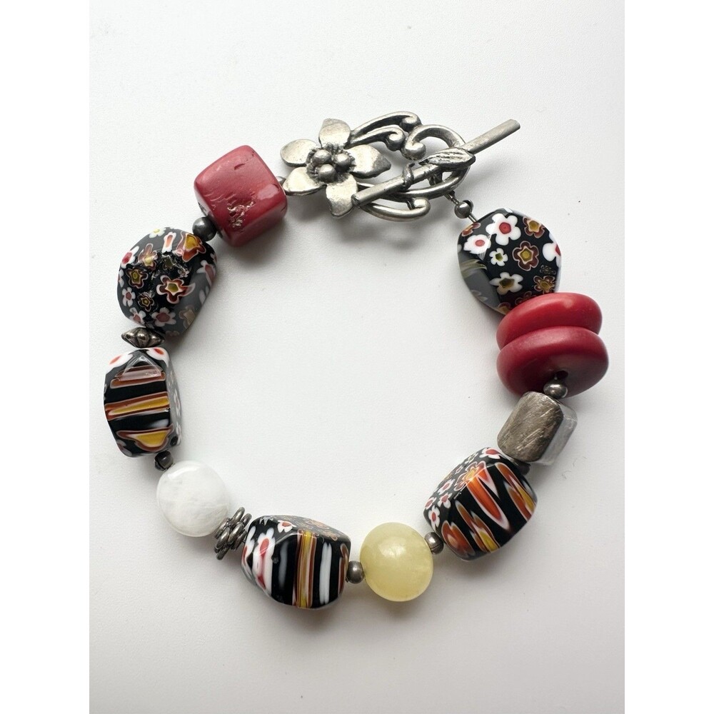 Vintage Venetian Murano Glass Coral Semiprecious Stone Toggle Bracelets 7.75”